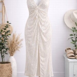 Sparkling Ivory Ruched V-Neck Midi Dress